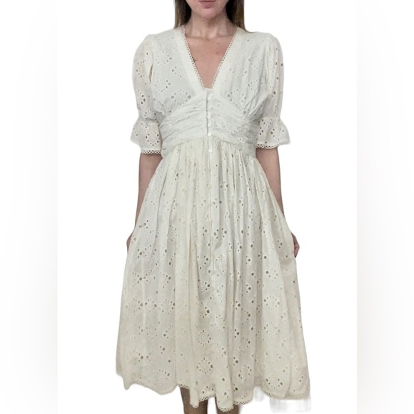 House of Harlow 1960 White eyelet button front puff sleeve midi dress - Picture 1 of 12